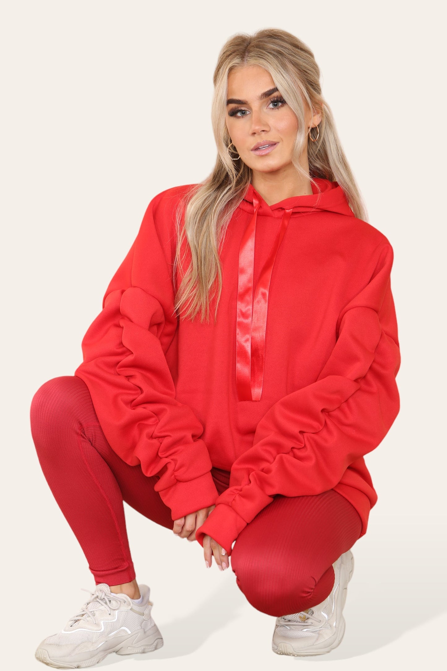 Oversized Ruched Sleeves Hoodie With Satin Ribbon with High Waist High Rise Seamless Ribbed Legging Set