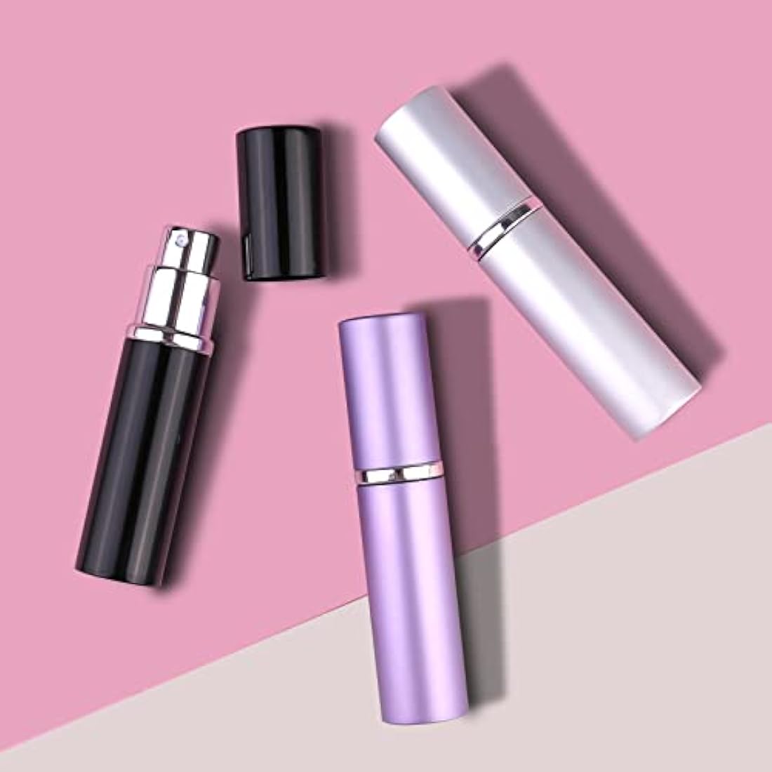 Zingso Refillable Travel Perfume Atomiser Bottles, 3 Pcs 6ml Mini Portable Spray Bottles Aftershave Empty Funnel and Diffuser Tool, (Black+silver+purple) (FYC22PBS+A2-FBA-SL)