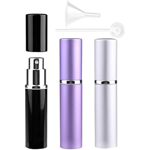 Zingso Refillable Travel Perfume Atomiser Bottles, 3 Pcs 6ml Mini Portable Spray Bottles Aftershave Empty Funnel and Diffuser Tool, (Black+silver+purple) (FYC22PBS+A2-FBA-SL)
