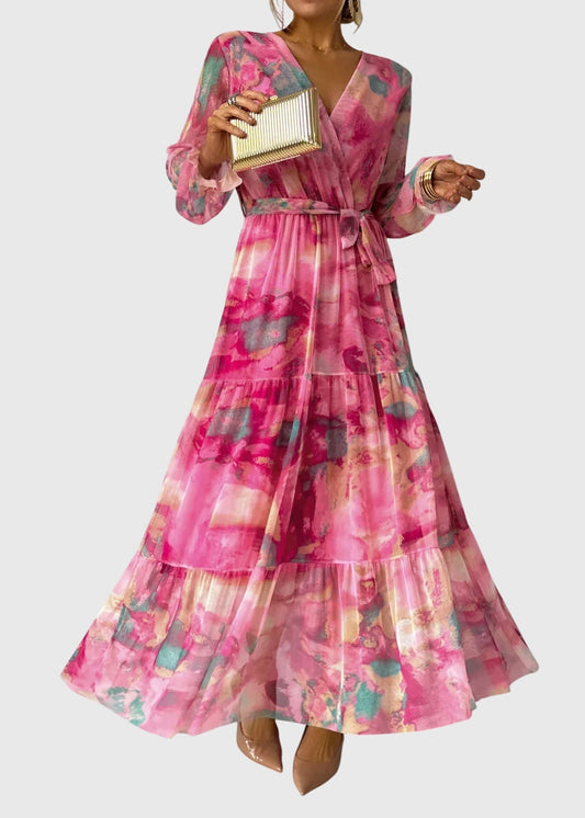 Amber - Floral Print Wrap Maxi Dress with Long Sleeves