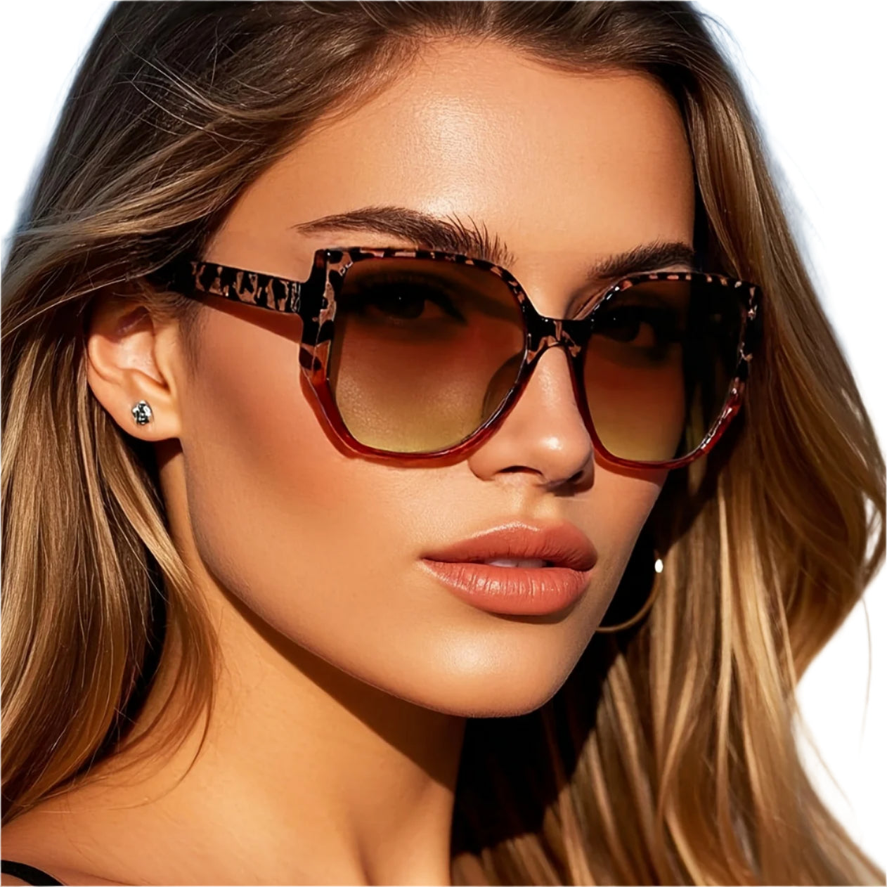 Women's Square Frame Fashion Glasses - Metal Frame, Polycarbonate Lenses, Decorative Eyewear with Elegant Button Earrings
