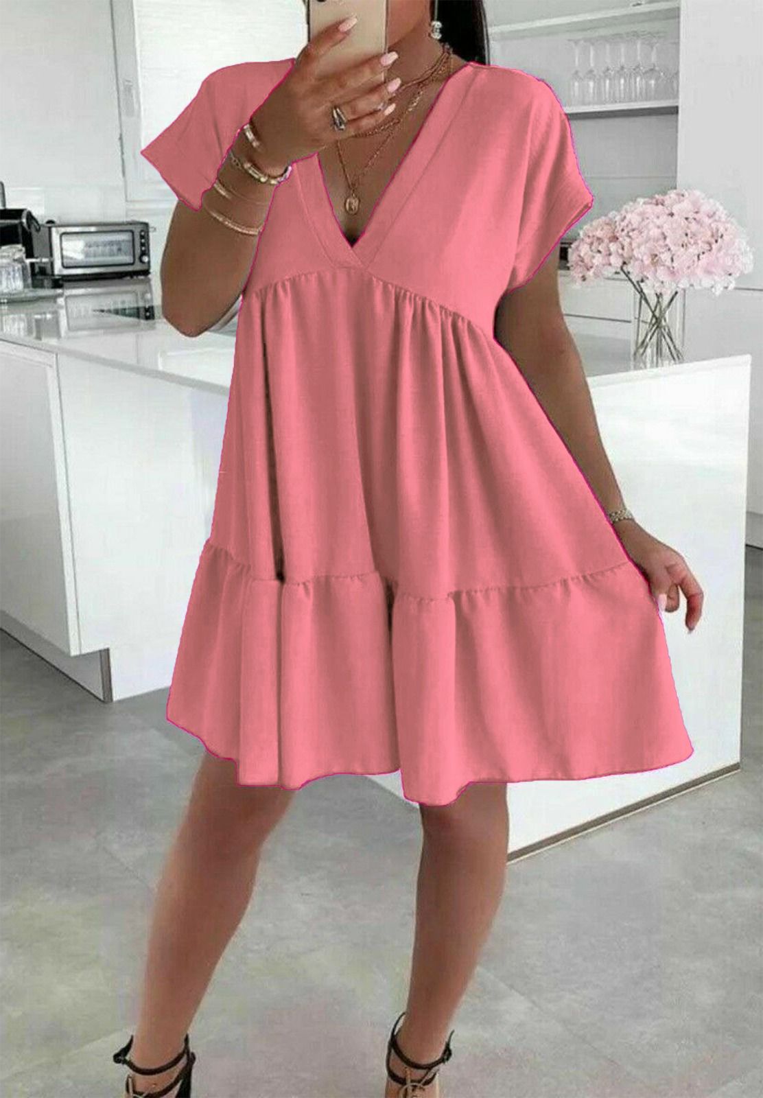 Ladies Italian V Neck Smock Dress