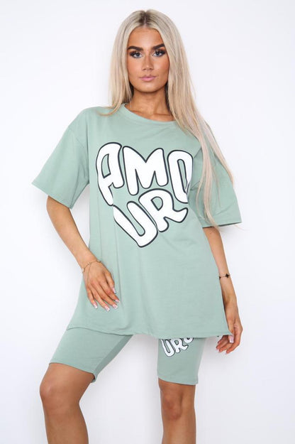 Amour Side Slit Cycling Short and T-Shirts Co-Ord Two Piece Set with Front Amour Slogan