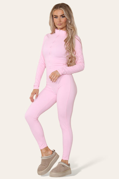Ribbed High Neck Zipper Collar Jumpsuit Front Unitard Set