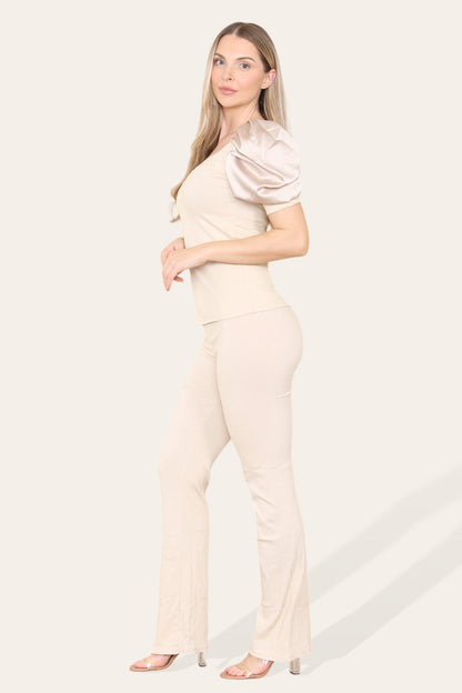 Silky Satin Puff Sleeves Ribbed Lounge Set