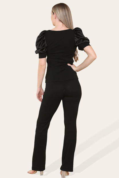 Silky Satin Puff Sleeves Ribbed Lounge Set