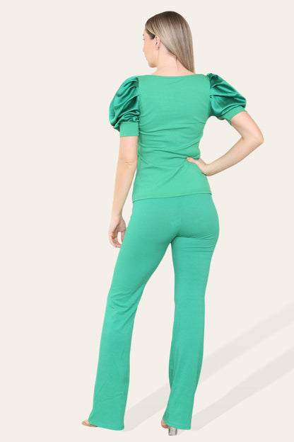 Silky Satin Puff Sleeves Ribbed Lounge Set