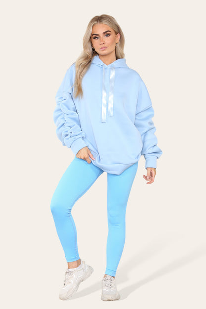 Oversized Ruched Sleeves Hoodie With Satin Ribbon with High Waist High Rise Seamless Ribbed Legging Set