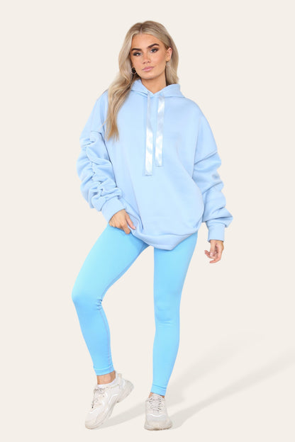 Oversized Ruched Sleeves Hoodie With Satin Ribbon