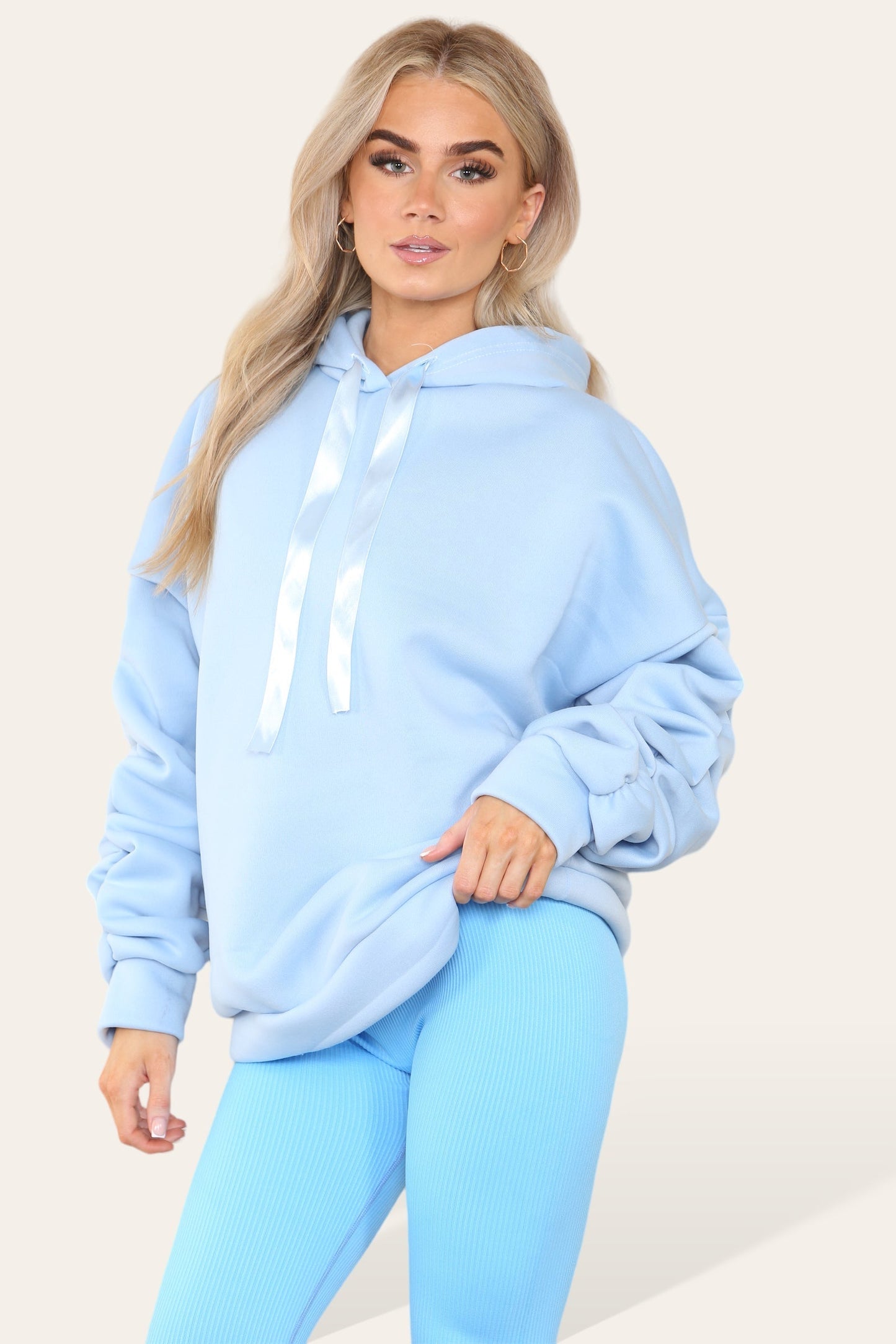 Oversized Ruched Sleeves Hoodie With Satin Ribbon