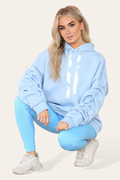 Oversized Ruched Sleeves Hoodie With Satin Ribbon