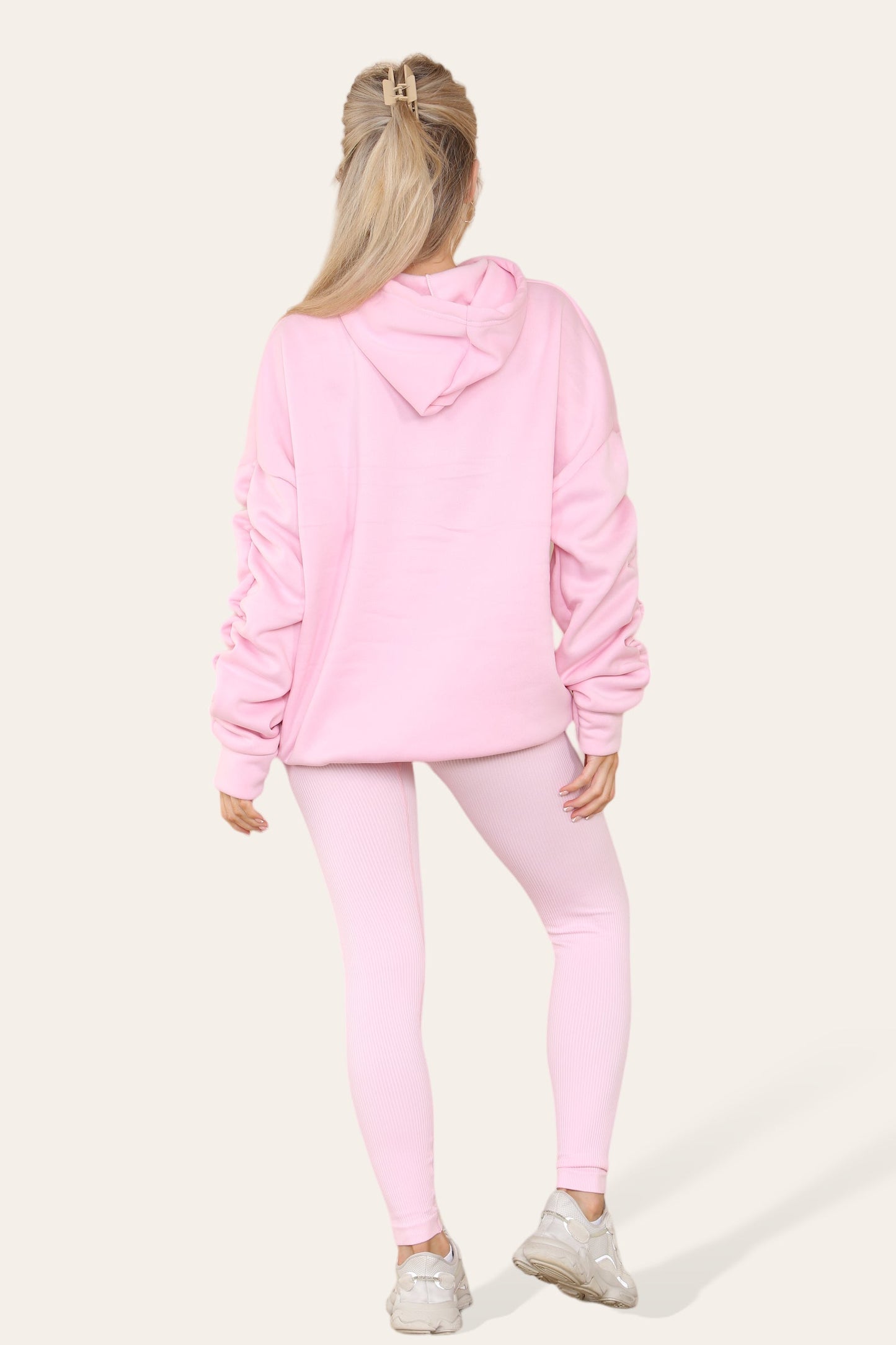 Oversized Ruched Sleeves Hoodie With Satin Ribbon with High Waist High Rise Seamless Ribbed Legging Set