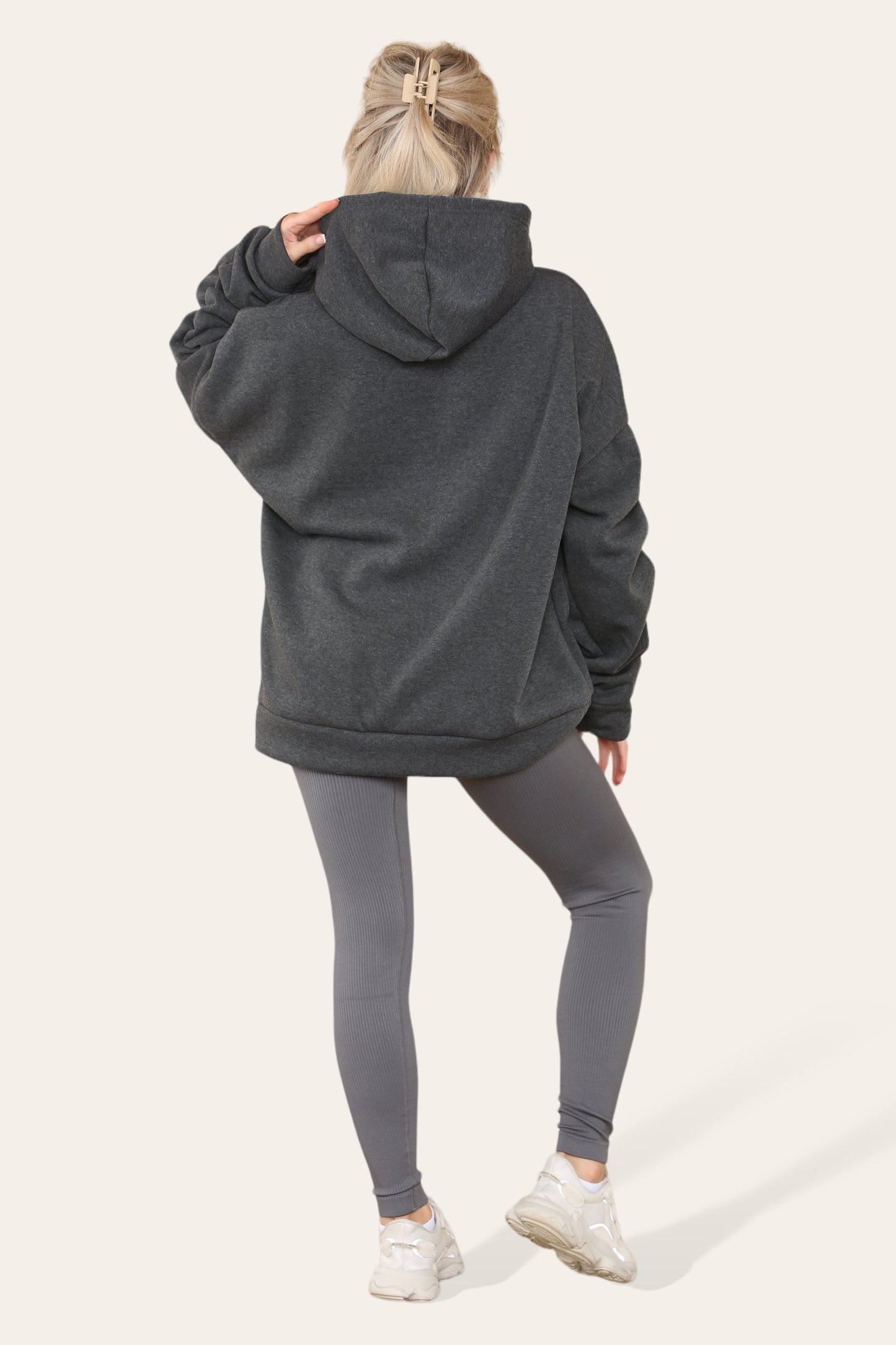 Oversized Ruched Sleeves Hoodie With Satin Ribbon with High Waist High Rise Seamless Ribbed Legging Set