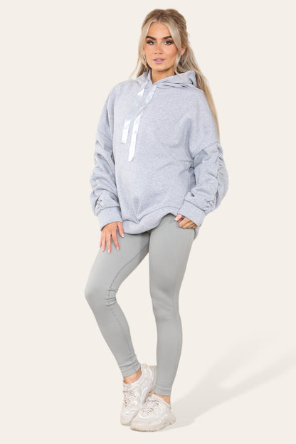 Oversized Ruched Sleeves Hoodie With Satin Ribbon with High Waist High Rise Seamless Ribbed Legging Set