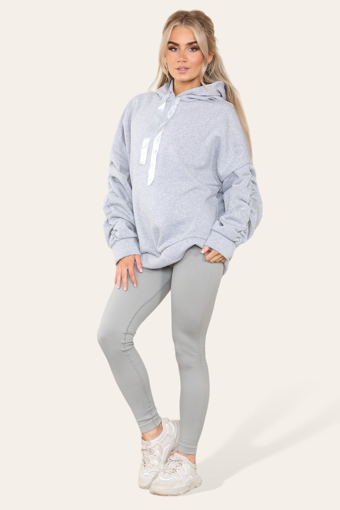 Oversized Ruched Sleeves Hoodie With Satin Ribbon