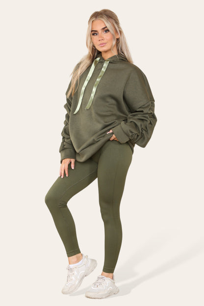 Oversized Ruched Sleeves Hoodie With Satin Ribbon with High Waist High Rise Seamless Ribbed Legging Set
