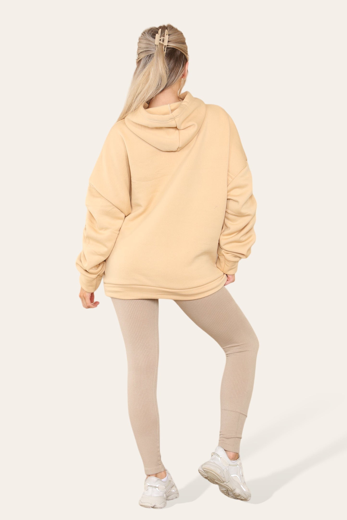 Oversized Ruched Sleeves Hoodie With Satin Ribbon with High Waist High Rise Seamless Ribbed Legging Set
