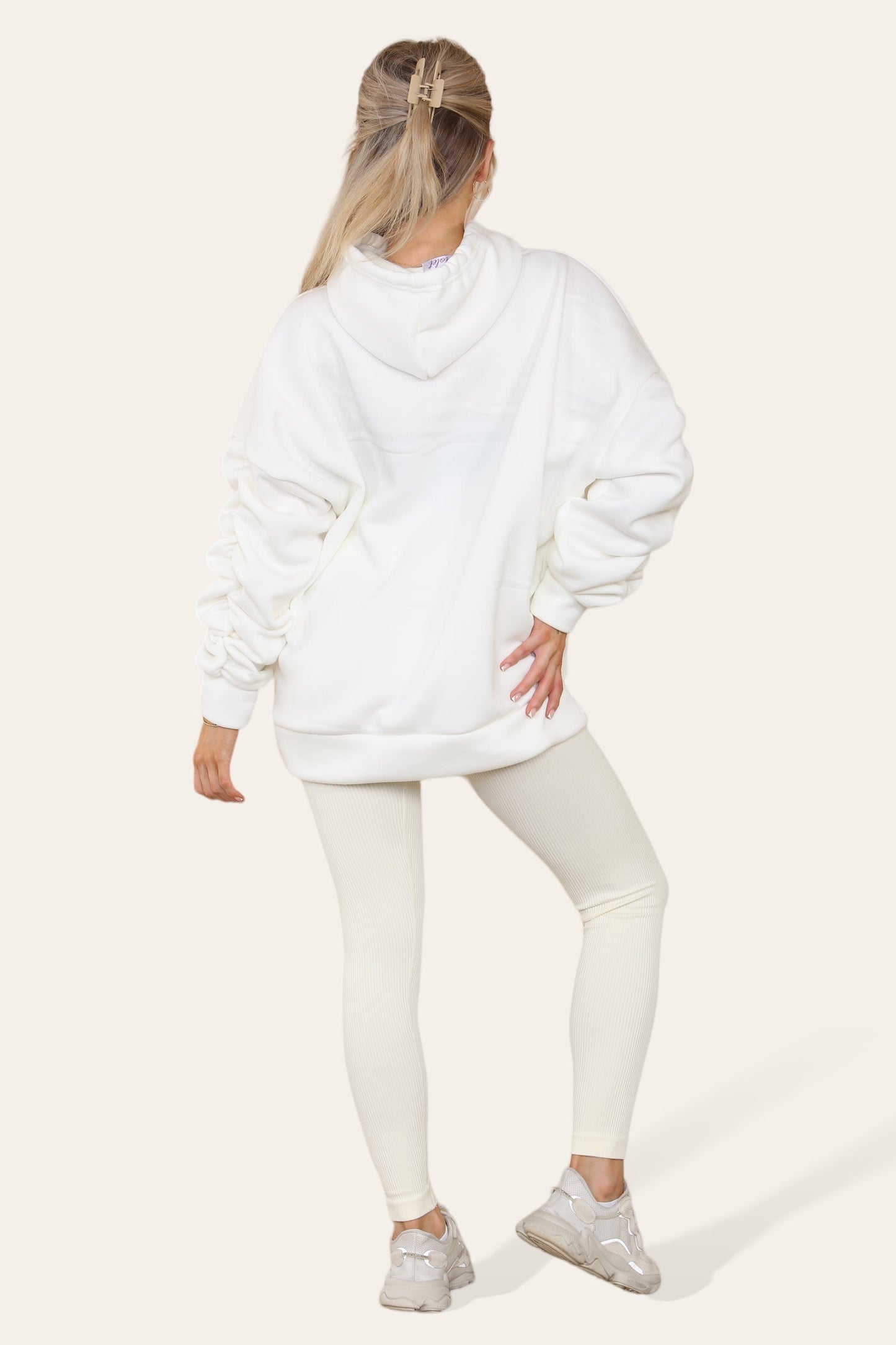 Oversized Ruched Sleeves Hoodie With Satin Ribbon with High Waist High Rise Seamless Ribbed Legging Set