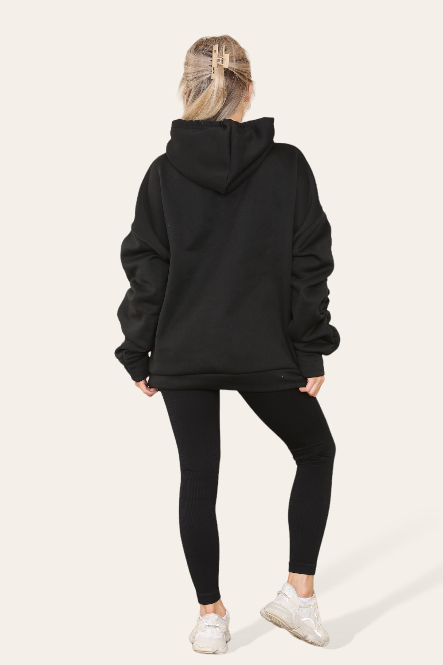 Oversized Ruched Sleeves Hoodie With Satin Ribbon with High Waist High Rise Seamless Ribbed Legging Set