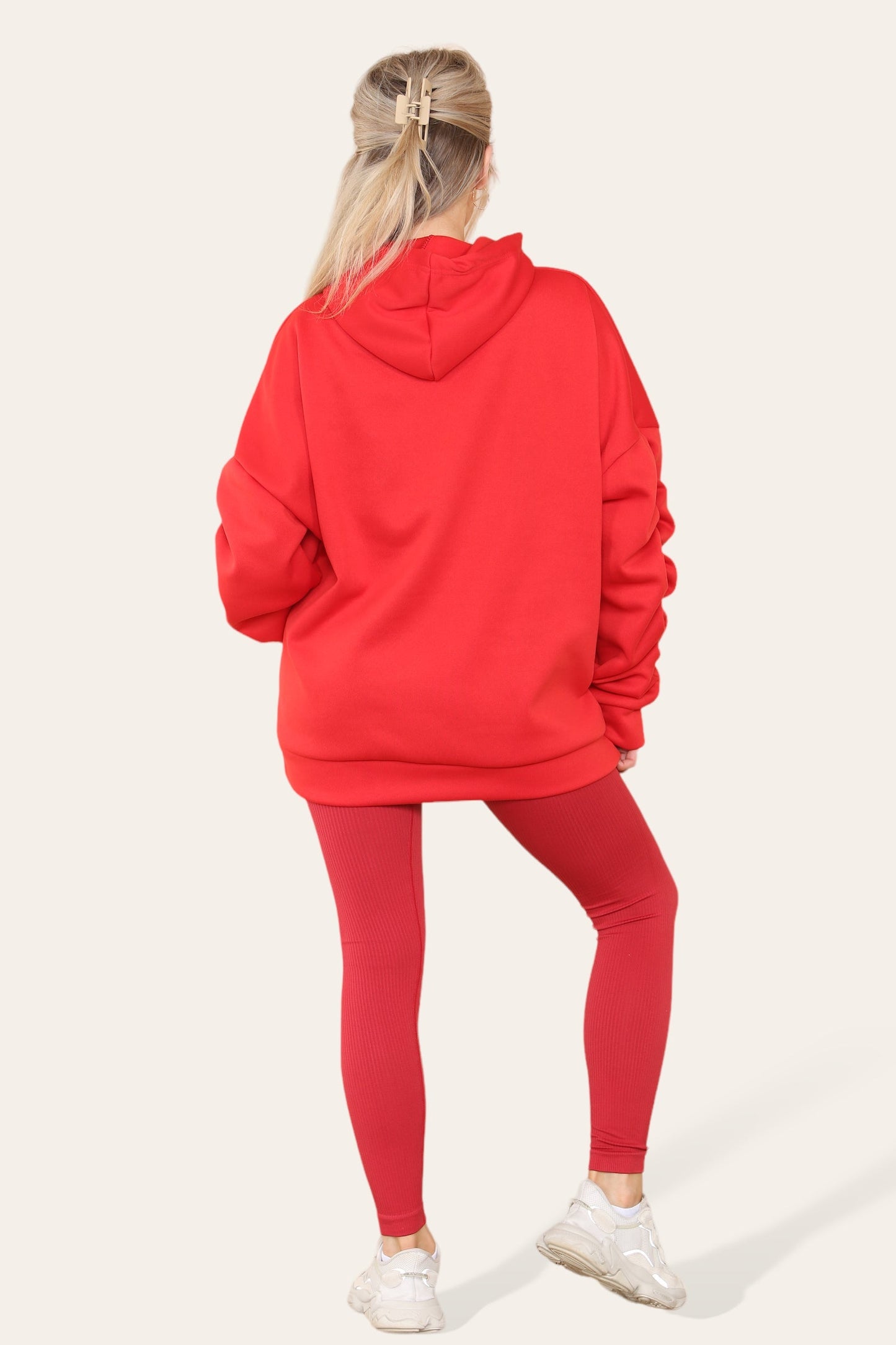 Oversized Ruched Sleeves Hoodie With Satin Ribbon with High Waist High Rise Seamless Ribbed Legging Set