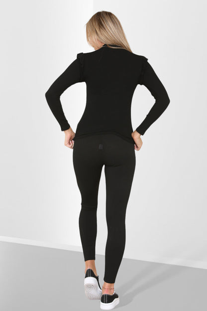 Side Buttons Frill Shoulder Side Neck Gold Button Detail Two Piece Loungewear Set