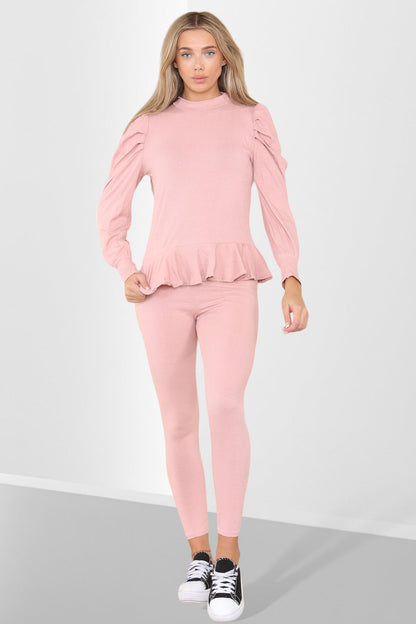 Puff Sleeves Set Frill Hem Peplum Ribbed Lounge Wear Suit