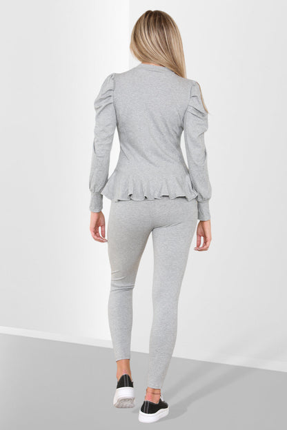 Puff Sleeves Set Frill Hem Peplum Ribbed Lounge Wear Suit