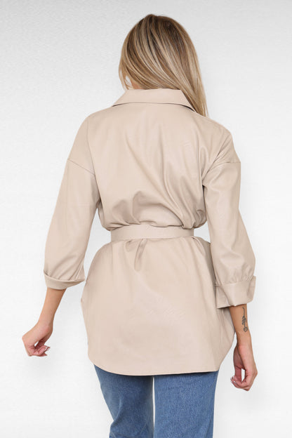 PU Faux Leather Belted Wet Look Shirt Dress