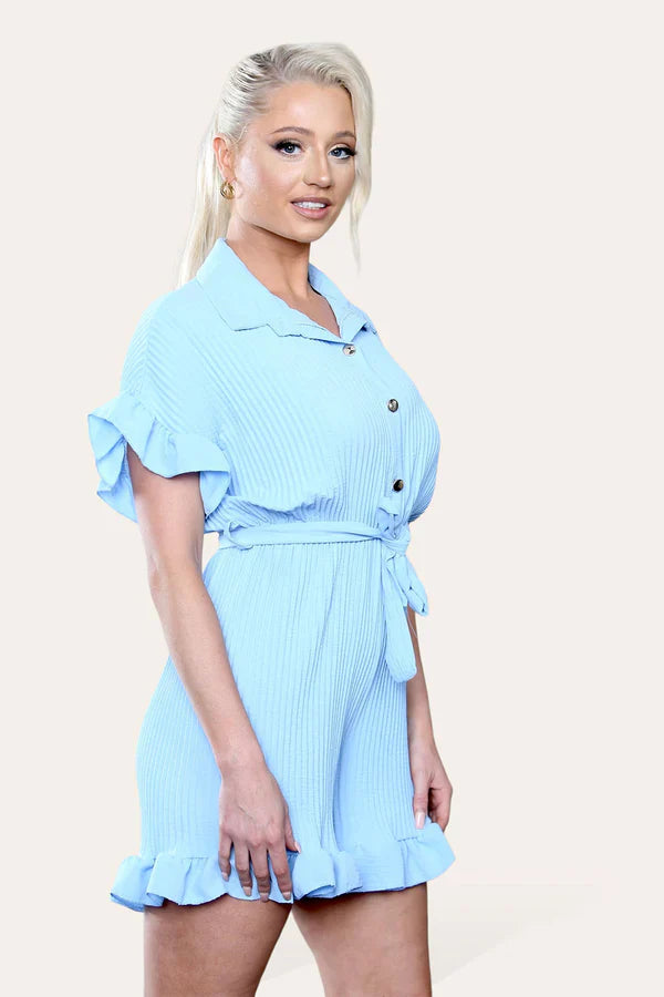 Pleated Ruffle Shirt Short Playsuit With Frill Hems