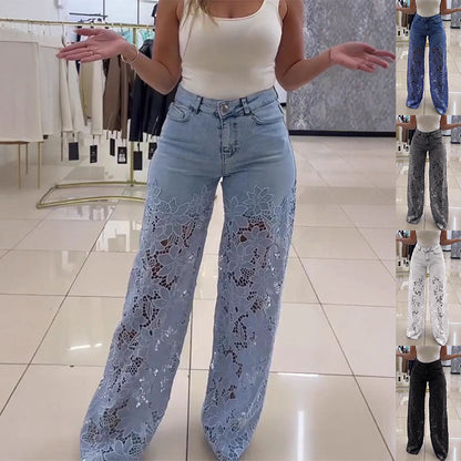 Women's Y2K High Waist Lace Hollow Out Wide Leg Jeans Floral Straight Leg Denim Trousers