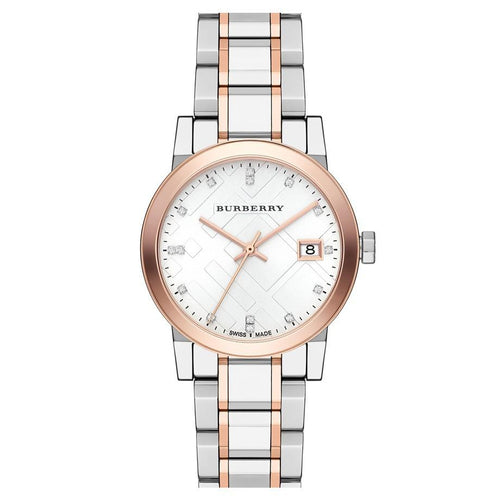 Burberry Ladies Watch Diamond Check Stamped 34mm Two Tone Rose Gold BU9127