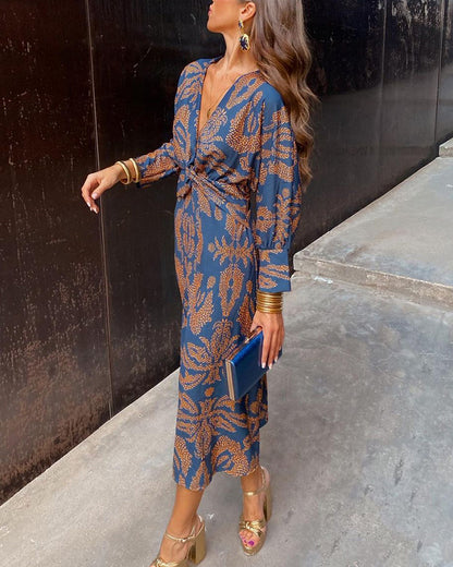 Sophia | Vintage Printed V-Neck Long-sleeve Elegant Dress