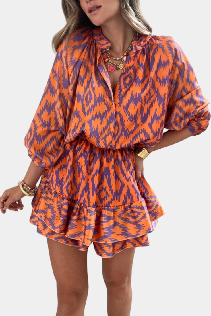 Yasmine Mini Jumpsuit with Ruffles and Ikat Print