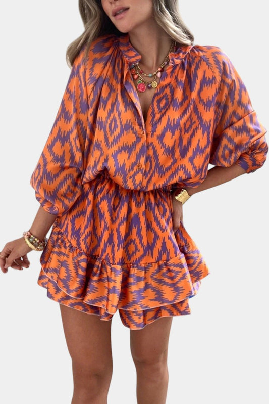 Yasmine Mini Jumpsuit with Ruffles and Ikat Print