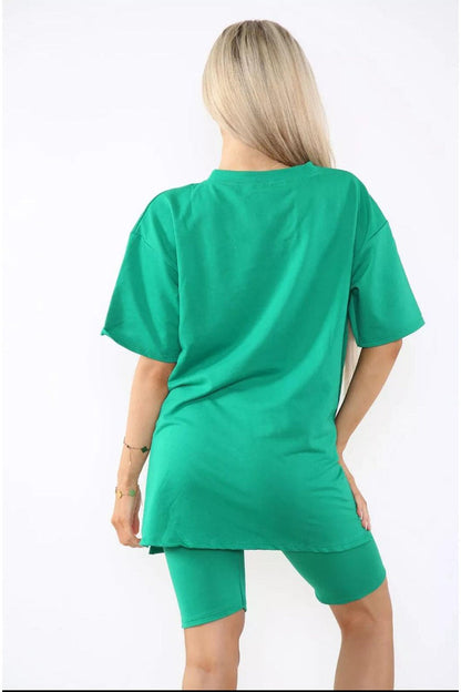 Cycling Short and T-Shirts Co-Ord Two Piece Side Slit Set with Front Printed Slogan