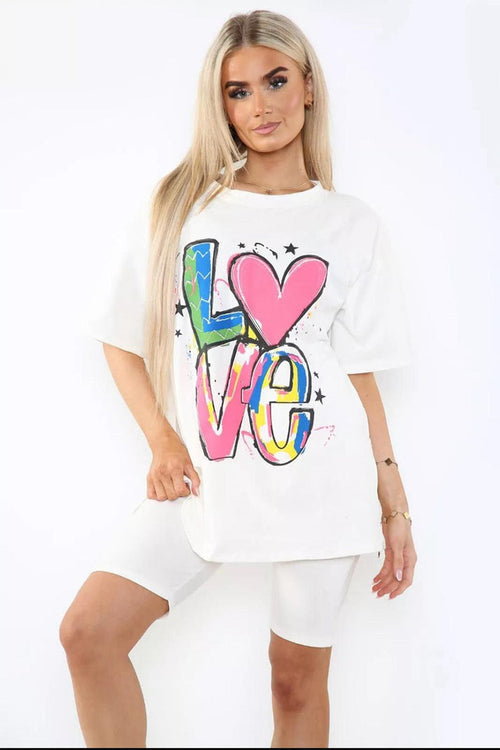Love Side Slit Cycling Short and T-Shirts Co-Ord Two Piece Set with Front Love Slogan