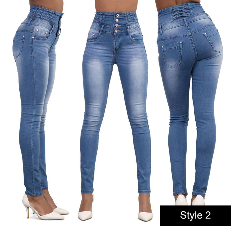 Womens Stretch Jeans Denim Jeggings High Waist Stretchy Skinny Slim Fit Pants UK