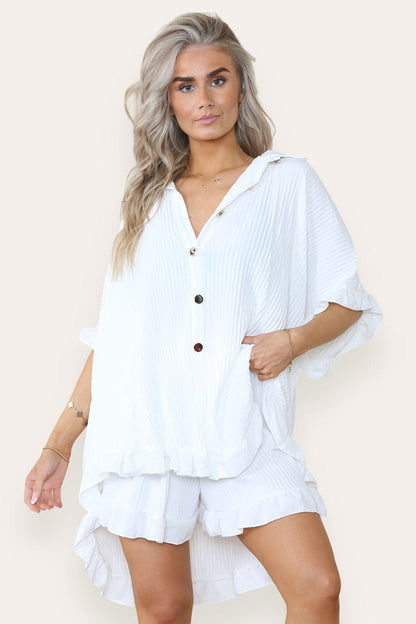 Women’s Casual Oversized Gold Button Pleated Frilled Ruffle Short Sleeves Shirt Top and Short Co-Ord Set